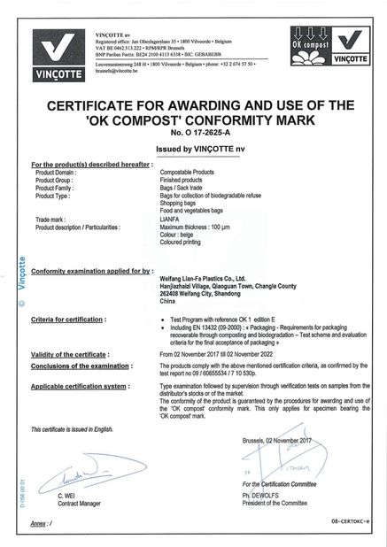 Китай Weifang Lian-Fa Plastics Co., Ltd. Сертификаты